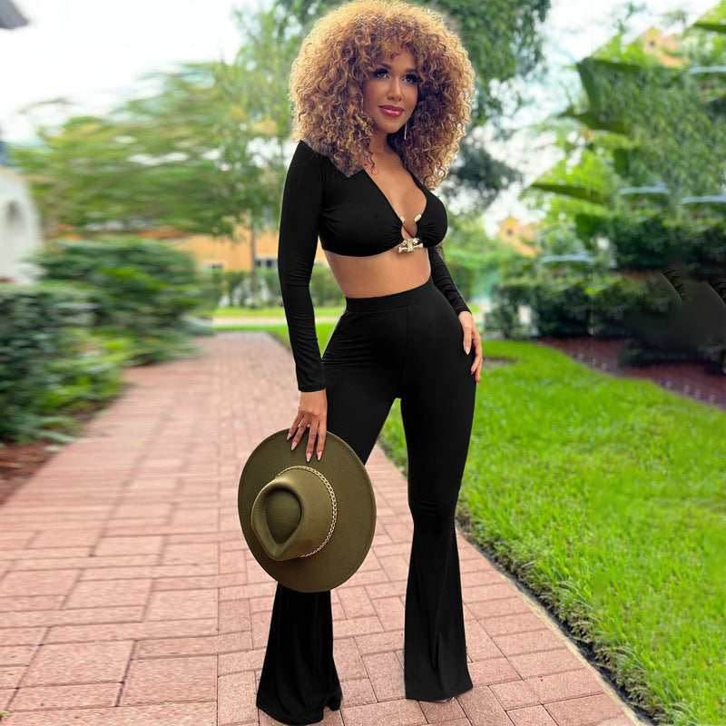 Popular Fur Catching Warm Autumn Winter Long Sleeve V Neck Bell-bottom Pants Two Piece Suit