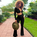 Popular Fur Catching Warm Autumn Winter Long Sleeve V Neck Bell-bottom Pants Two Piece Suit