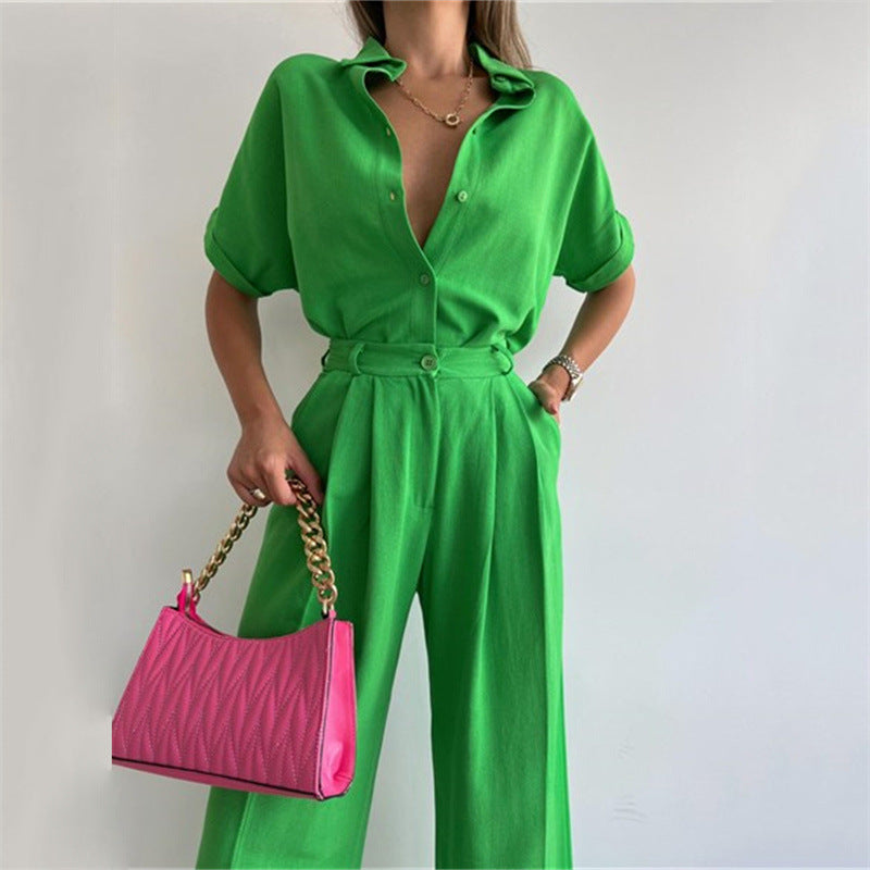 Wide Leg Pants Suit Spring Summer Loose Sleeve Shirt Top Trousers Two Piece Clothing