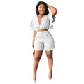 Ruffled Short V Neck Top Shorts Summer Two Piece Set