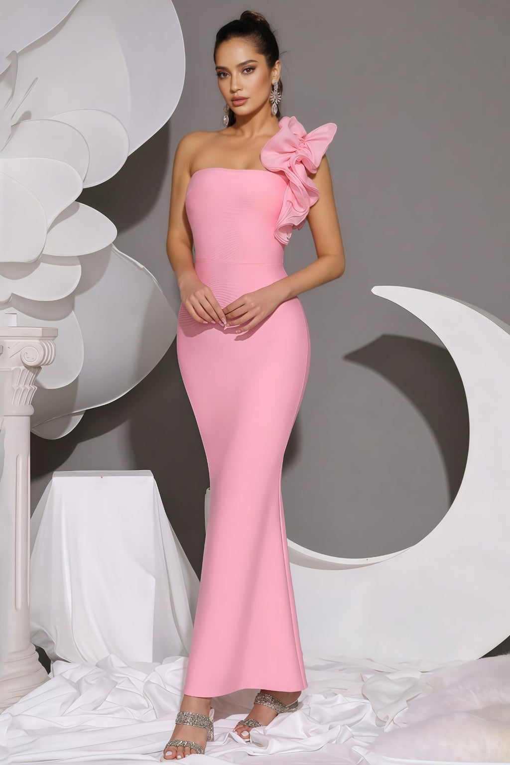 Marigold Pink One Shoulder Bandage Maxi Dress
