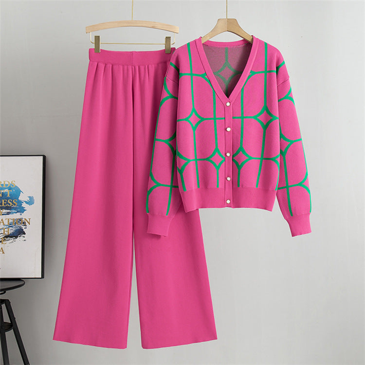 Rose Red - Knit Wide-leg Pants & Sweater Two Piece Set