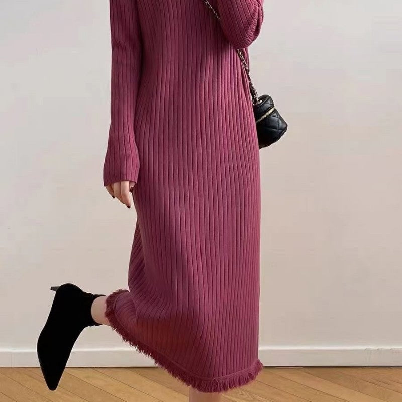 Autumn Winter Mock Neck Sweater Mid Length Below the Knee Coat Base Ride Tassel Dress Swing Knitted Dress