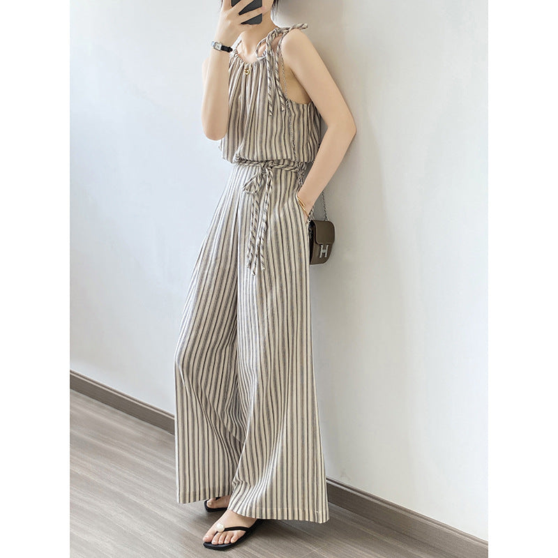 Retro Striped Suit Summer Suspender Top Wide Leg Pants Two Piece Set