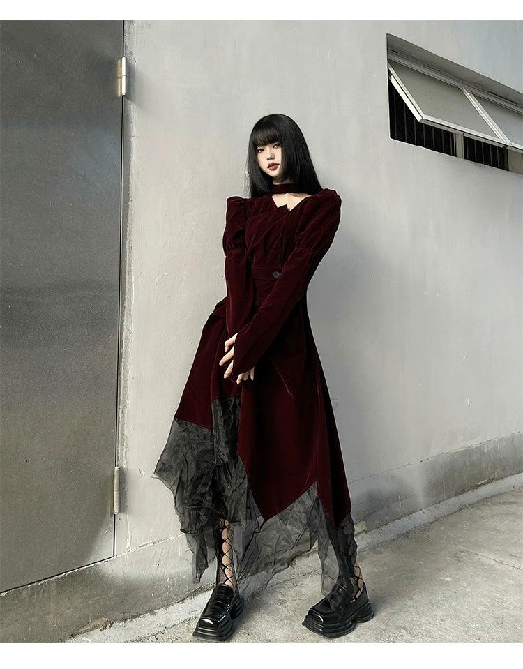 Ladyghost Gothic Victorian Maxi Dress - Burgundy Velvet and Black Mesh Layered Gown With Corset Belt