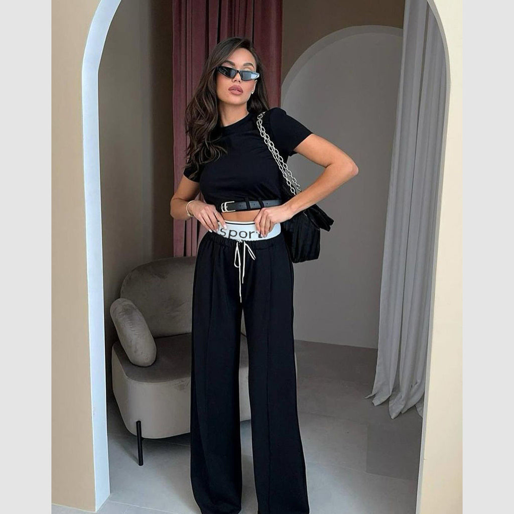 Short Sleeve Clothing High Grade Spring Cropped Belt Decorative Small Top Double Waist Sweatpants Two Piece Set