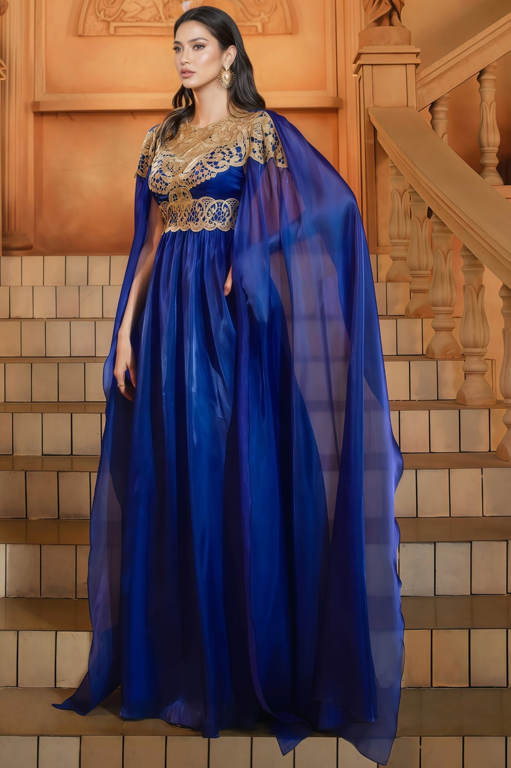 Joren Blue Long Sleeve Round Neck Maxi Dress