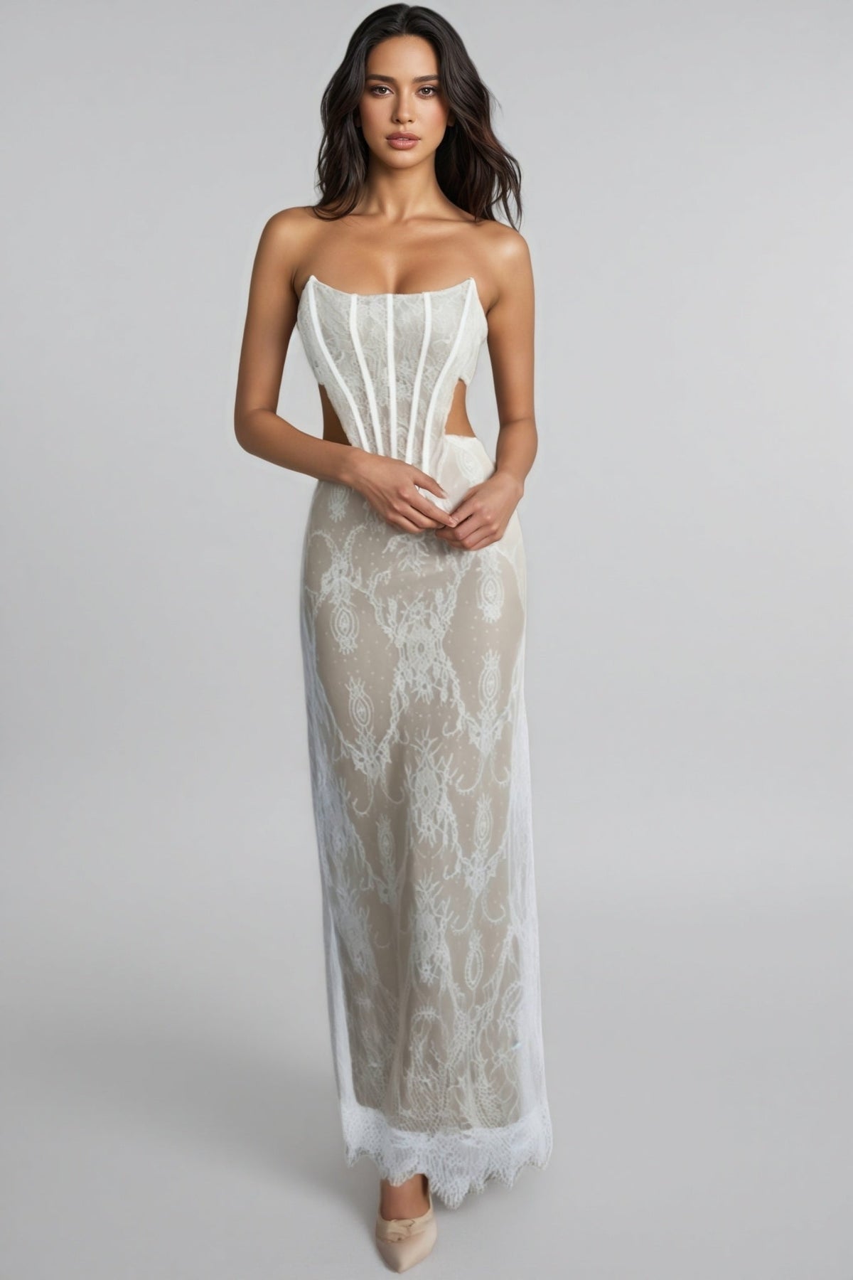 Kaylk Beige Lace Maxi Dress