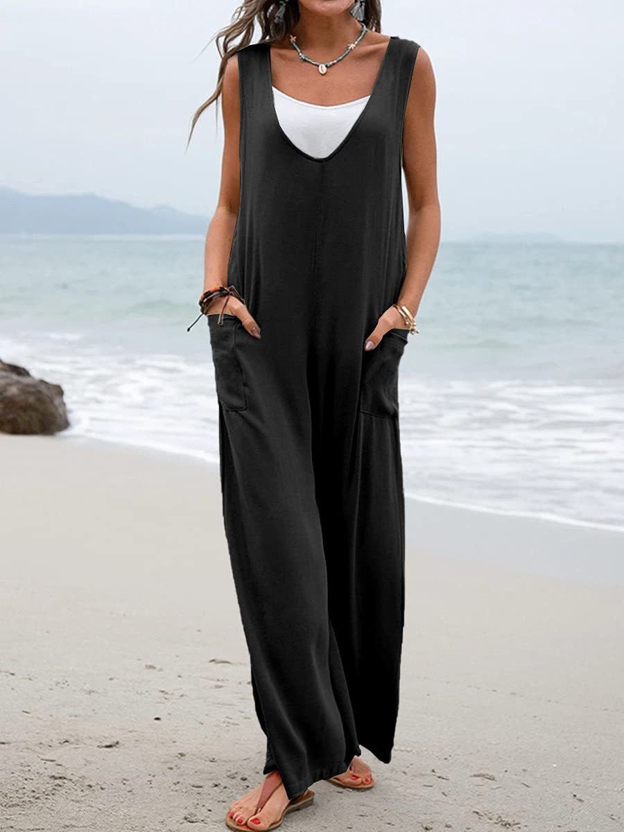 Summer Popular Color Stickers Bags Jumpsuit V Neck Suspender Pants Wide Leg Trousers for