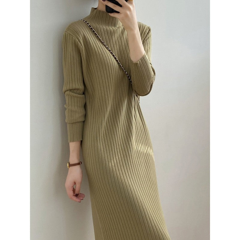 Autumn Winter Mock Neck Sweater Mid Length Below the Knee Coat Base Ride Tassel Dress Swing Knitted Dress