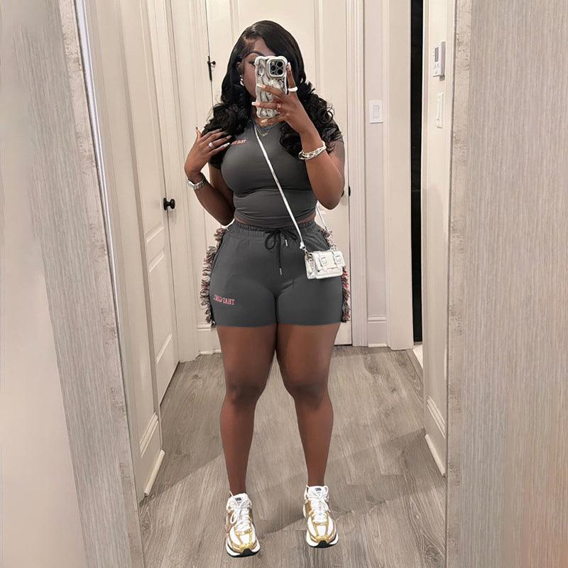 Spring Summer Slim Fit Short Embroidered Top High Waist Color Shorts Set