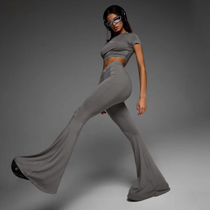 Sports Basic Pullover Cropped Short Sleeve Top High Waist Flared Pants Yoga Two Piece Set