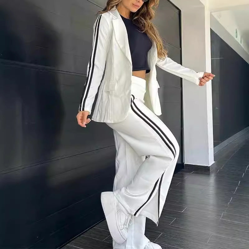 Autumn Winter Polo Collar Suit Wide Leg Pants Two Piece Suit