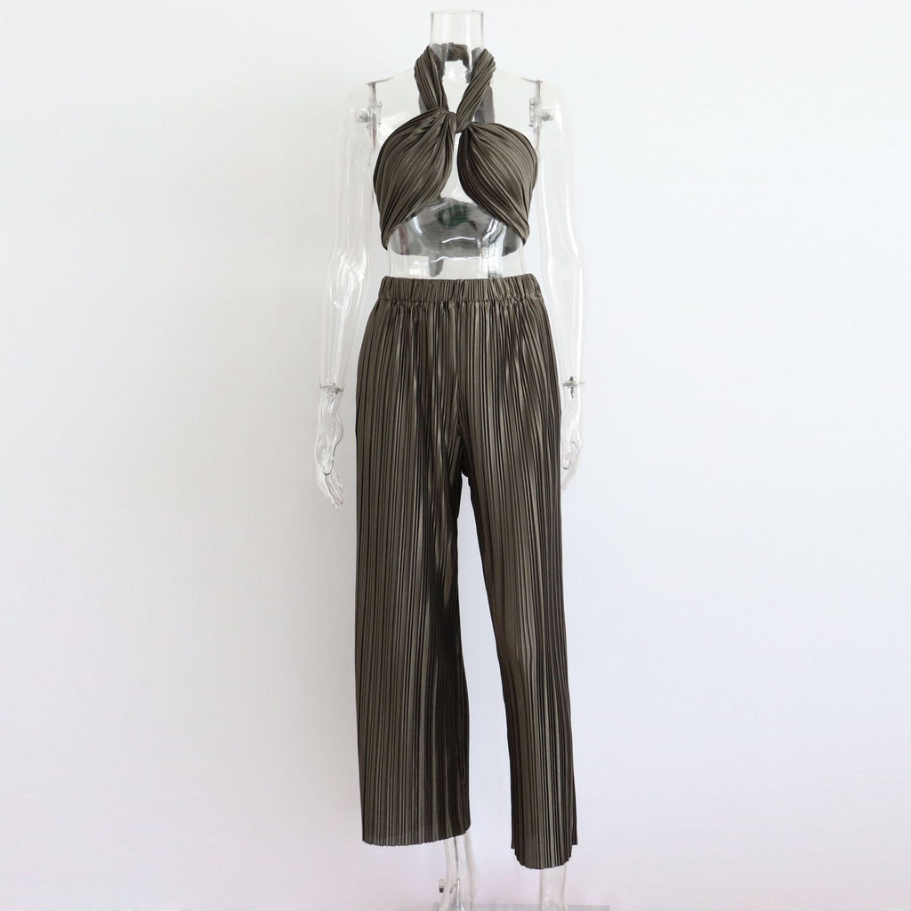Spring Summer Pleated Suit Cropped Sleeveless Adjustable Vest Pants Two Piece Set for