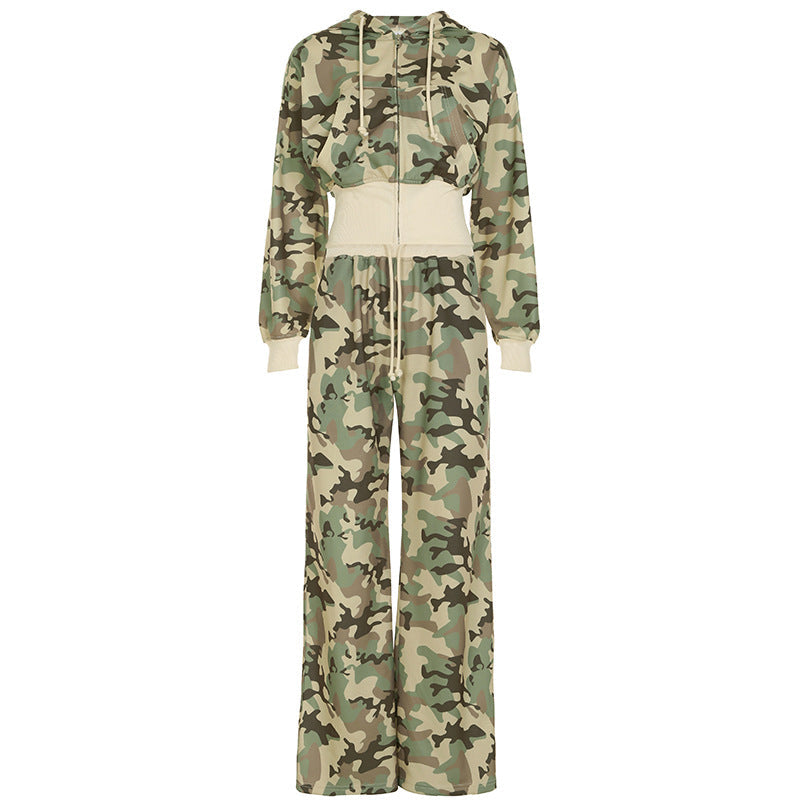 Contrast Color Cinched Hoodie Long Sleeve Sweatshirt Sweatpants Two Piece Camouflage Cardigan Coat Trousers Sets