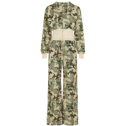 Contrast Color Cinched Hoodie Long Sleeve Sweatshirt Sweatpants Two Piece Camouflage Cardigan Coat Trousers Sets