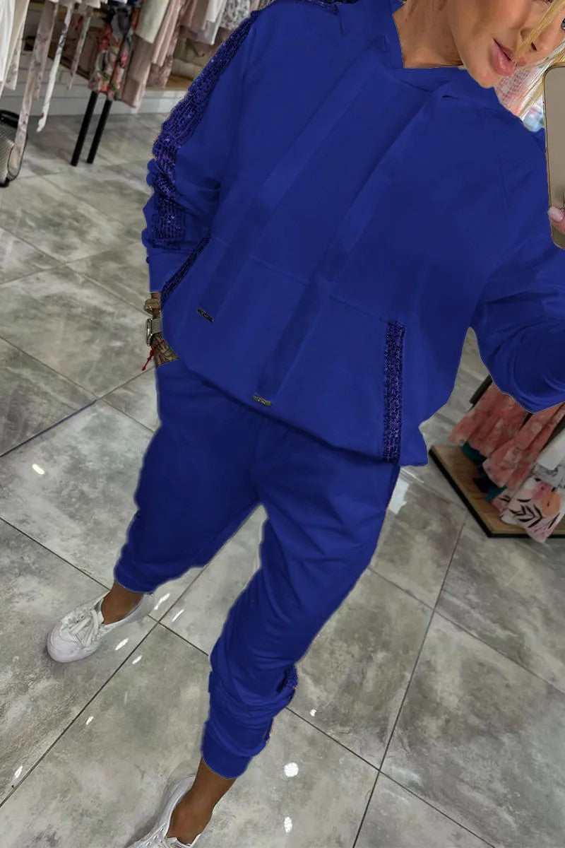 Sequin Pocket Sports Hooded Sweatshirt Sweatpants Suit