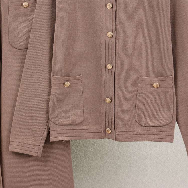 Khaki – Cardigan Top & Wide-leg Pants Two Piece Set