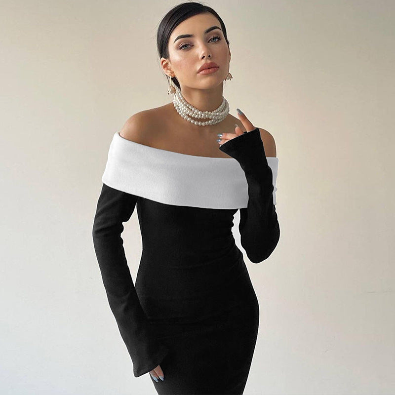 Clothing Autumn Winter Contrast Color Off Shoulder Long Sleeve Waist Slimming Maxi Dress