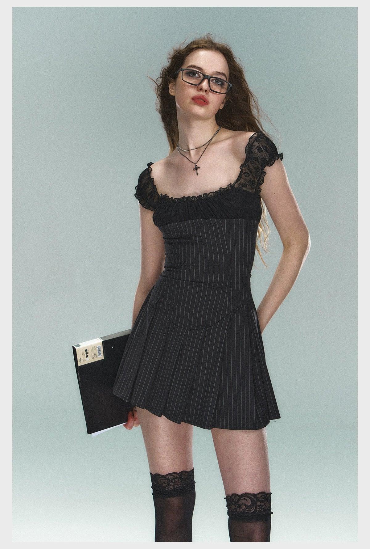 Pinstripe Lace-trim Mini Dress - Cap Sleeve Square Neck Fit and Flare Cocktail Dress