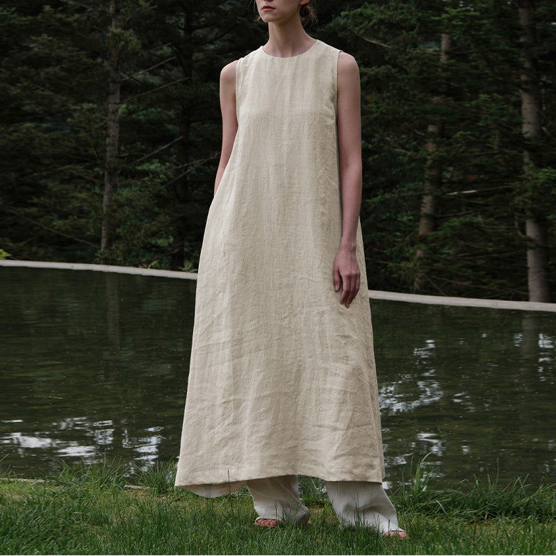 Cotton Linen Maxi Dress Summer French Pastoral Sleeveless Backless Hollow Out Cutout Niche Loose Maxi Dress