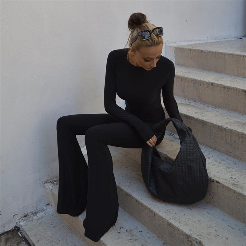 Round Neck Long Sleeve Jumpsuit Slim Fit Backless Outer Wear Base One Piece Trousers Hip Raise High Waist Bell Bottom Pants