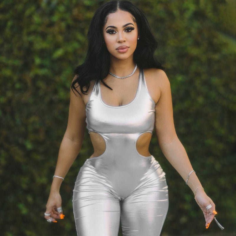 Metallic Coated Fabric Clothing Winter Color Faux Leather Cutout Backless Slim Fit Sling Jumpsuit