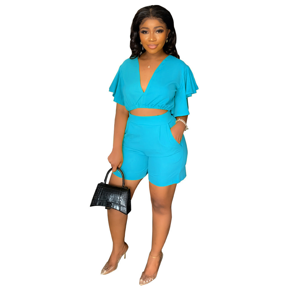 Ruffled Short V Neck Top Shorts Summer Two Piece Set