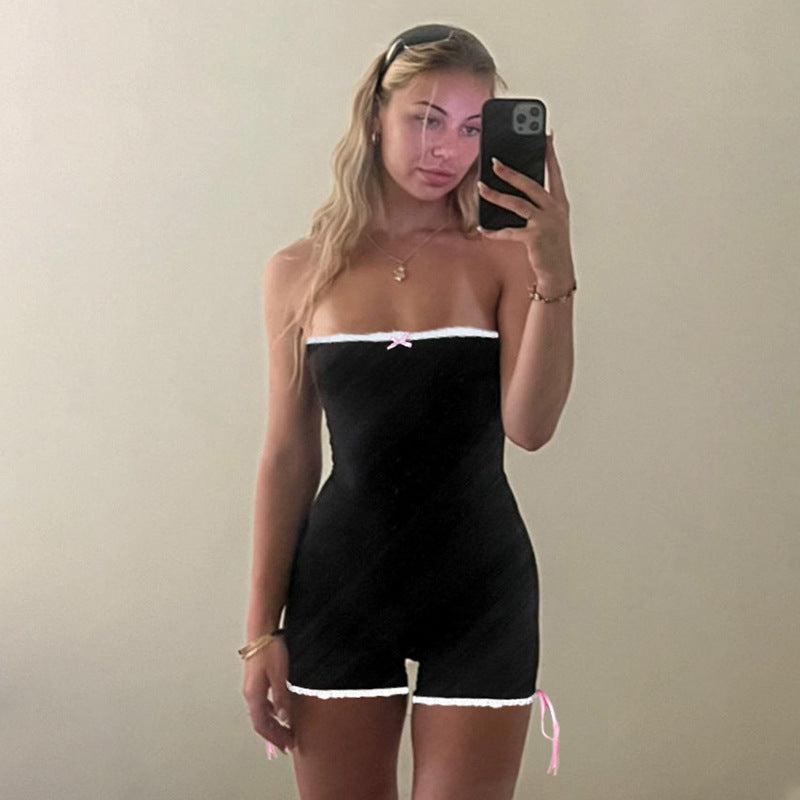 Summer Simplicity Bow Girl Lace Stitching Tube Top Jumpsuit Shorts