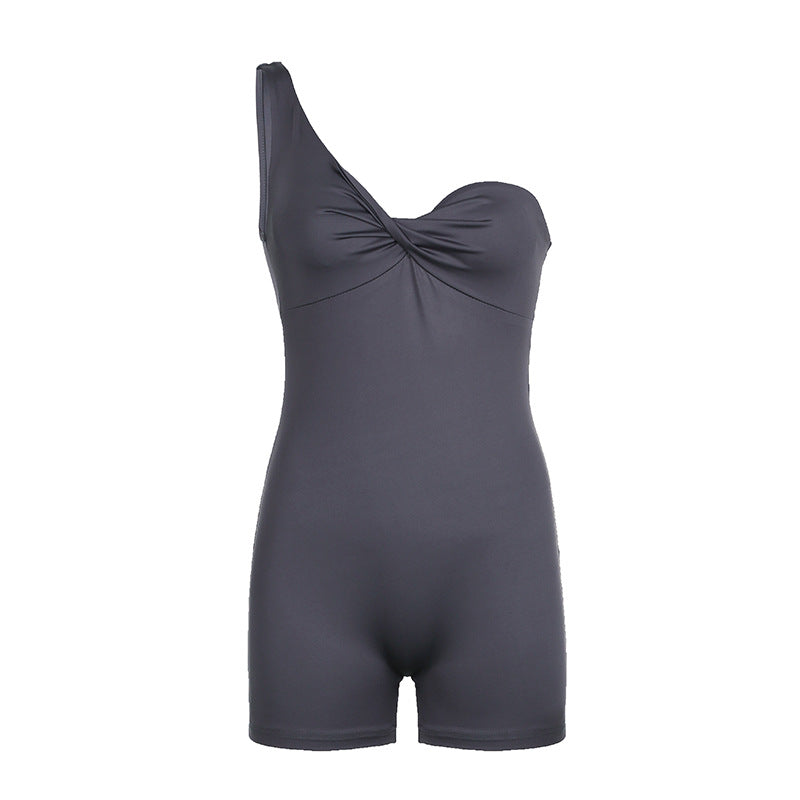 Summer Color One Shoulder Asymmetric Twist Knot Tube Top Sports Jumpsuit Fitness Yoga Shorts