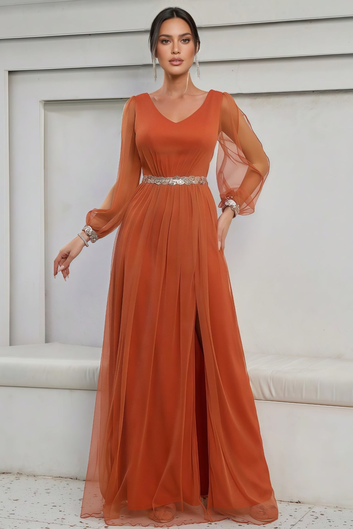 Kole Orange V-neck Mesh Slit Maxi Dress