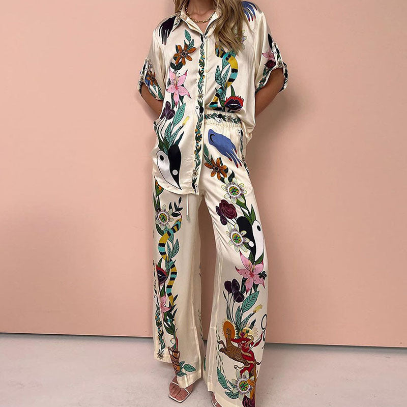 Summer Clothing Multicolor Printing Elastic Waist With Pocket Wide Leg Pants Set
