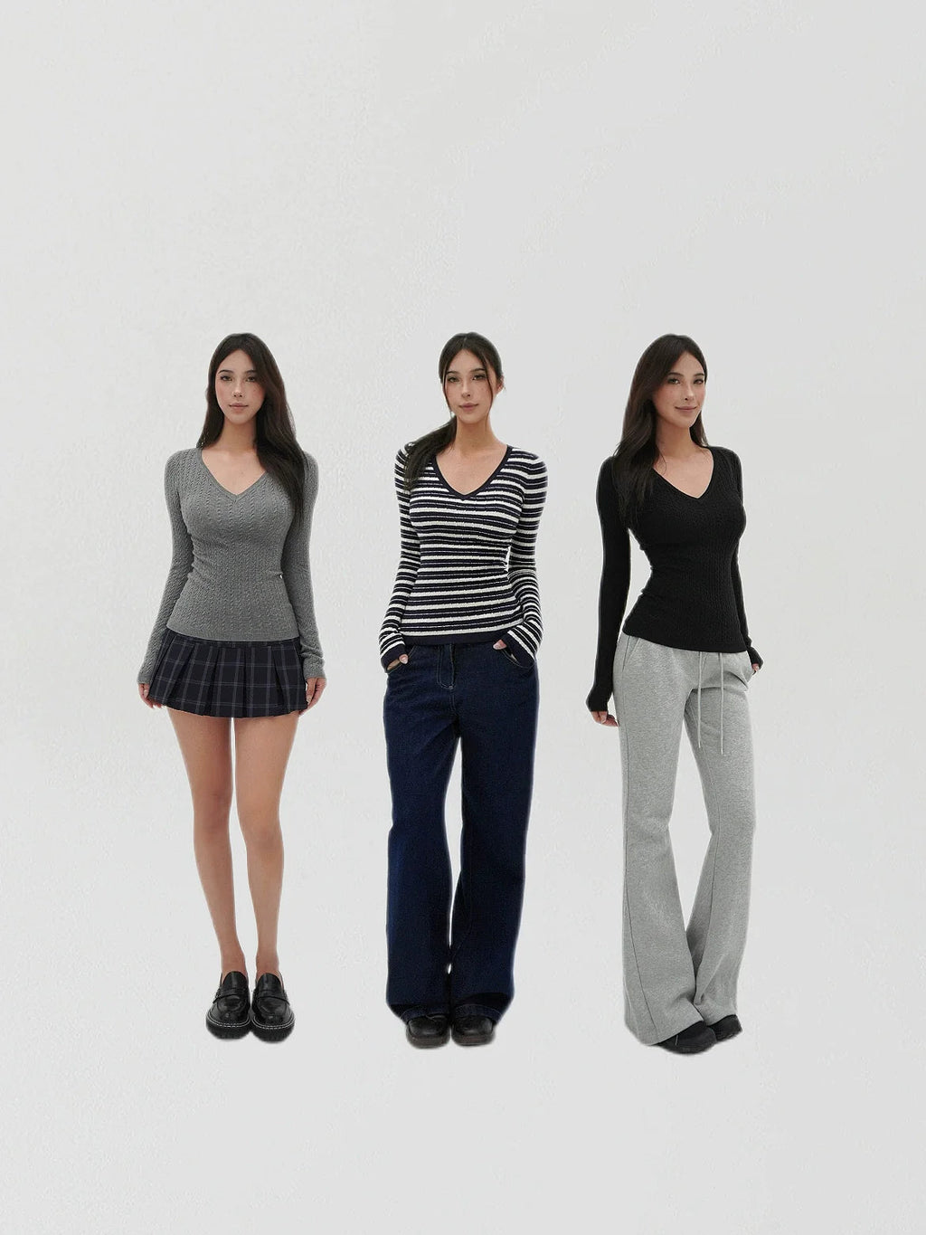 Low V-neck Slim-fit Long Sleeve Sweater