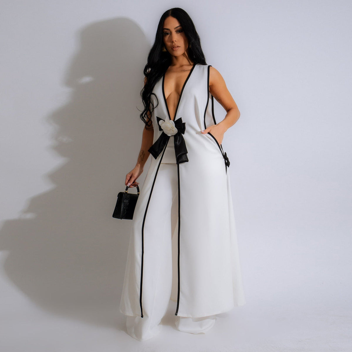 Camellia Bow Sleeveless Long Vest Wide Leg Pants Set