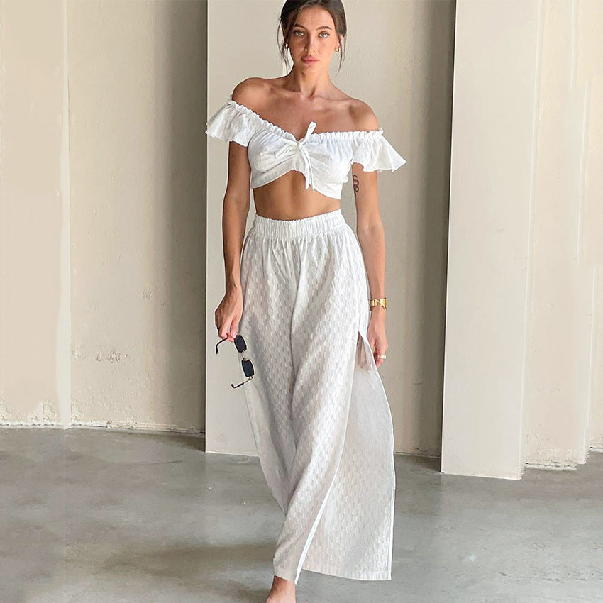 Summer Pants Set Ruffled Stitching Flying Sleeves Jacquard Slit