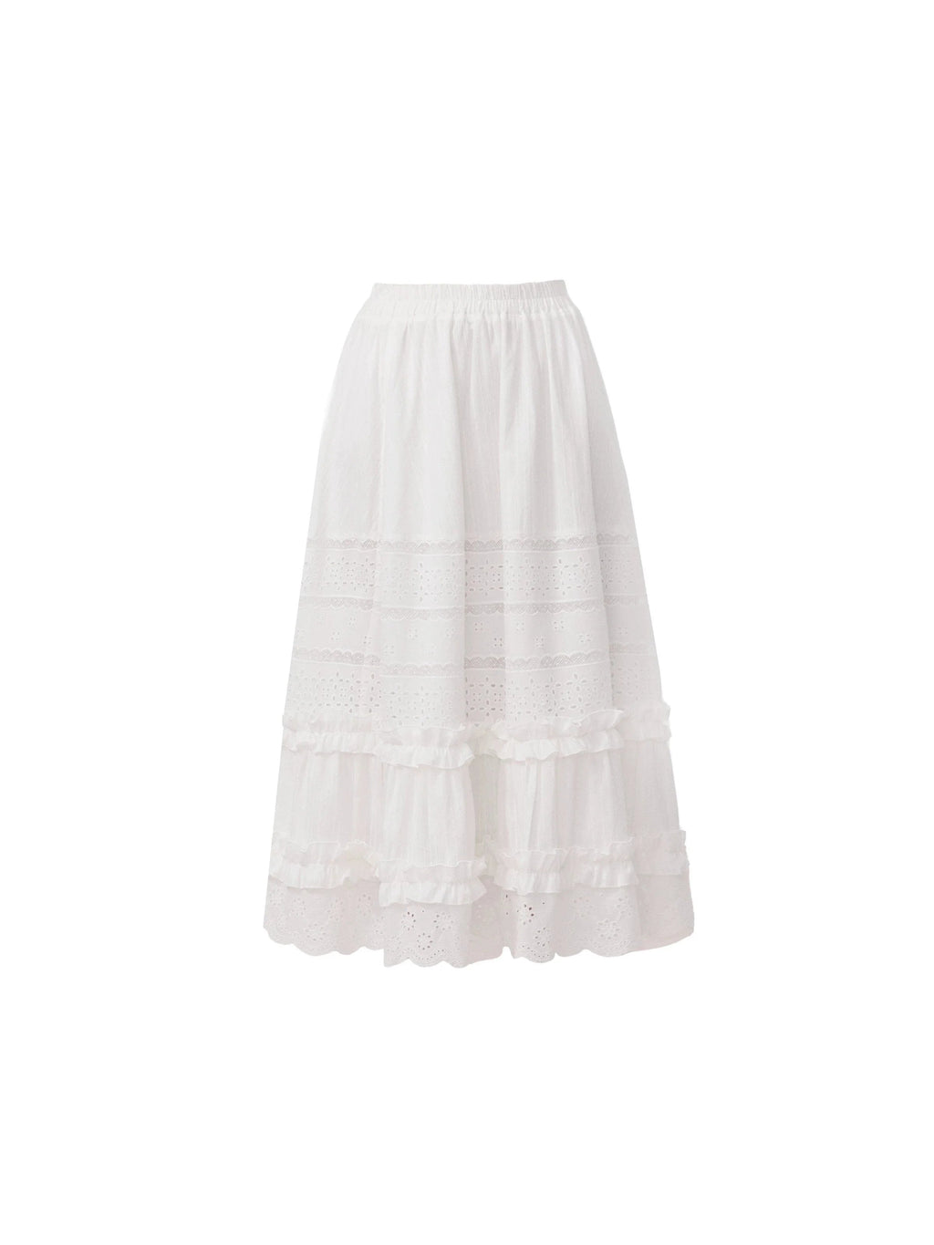 Ethereal Elegance Two-piece Set: Puff Sleeve Crop Blouse & Tiered Lace Midi Skirt - Pure White