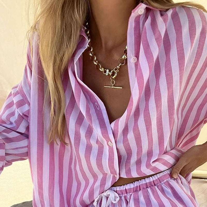 Summer Clothing Loose Cardigan Top Striped Shorts Two-piece Set