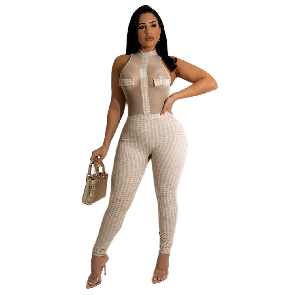 Clothing Summer Club Sleeveless Houndstooth Knitting Threads See-through Jumpsuit