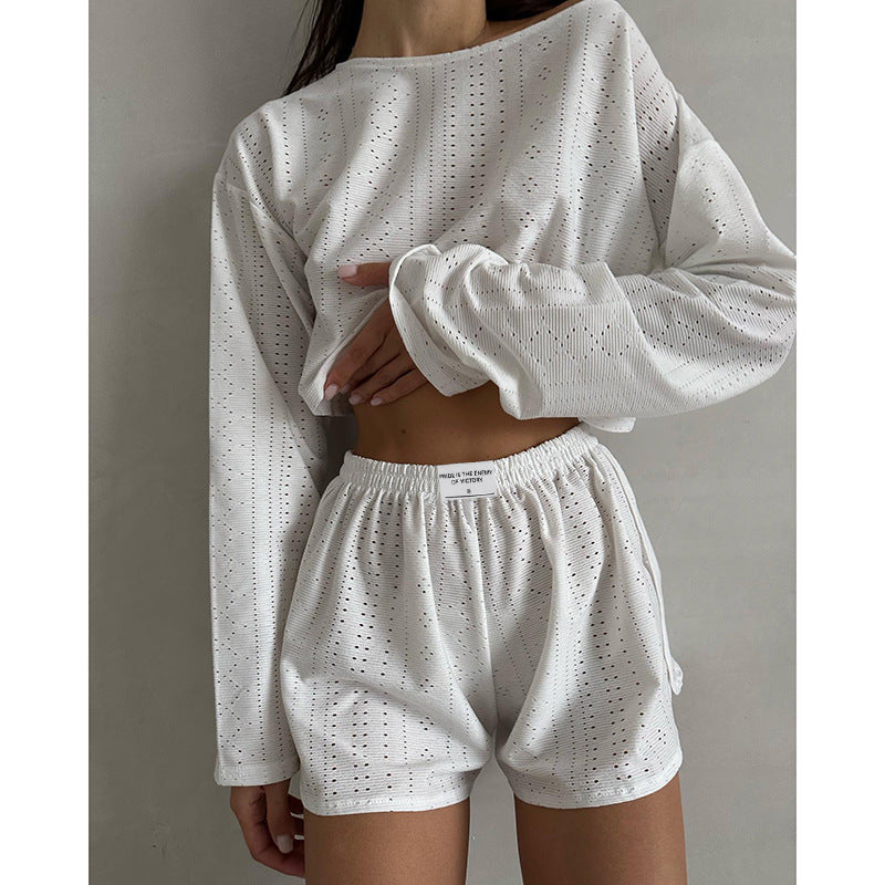 Autumn Simple Slim Fit Loose Pullover Top Shorts Set