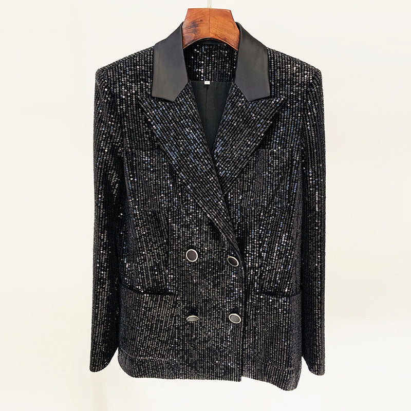 Goods Gold Velvet Sequined Double Breasted Blazer Slim Fit Skinny Pants Set