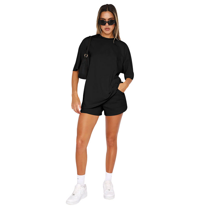 Color Round Neck Half Sleeve Pullover Top Clothing Shorts Suit Summer