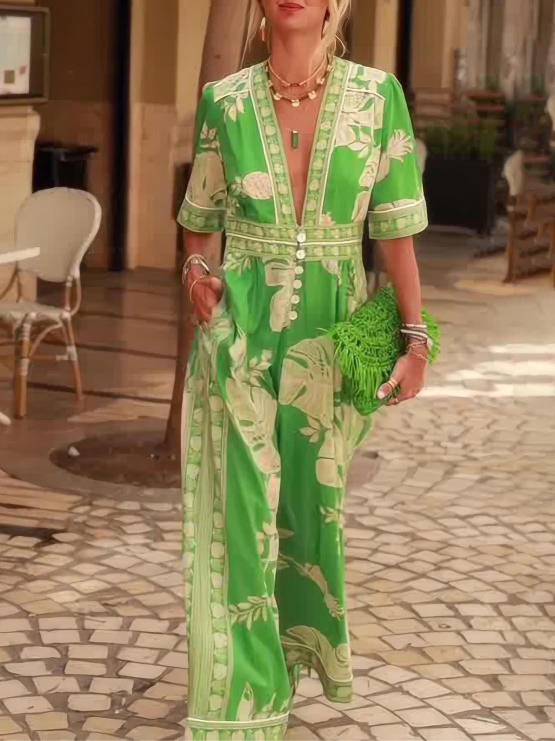 Fresh Holiday Print V-neck Short Sleeve Jumpsuit