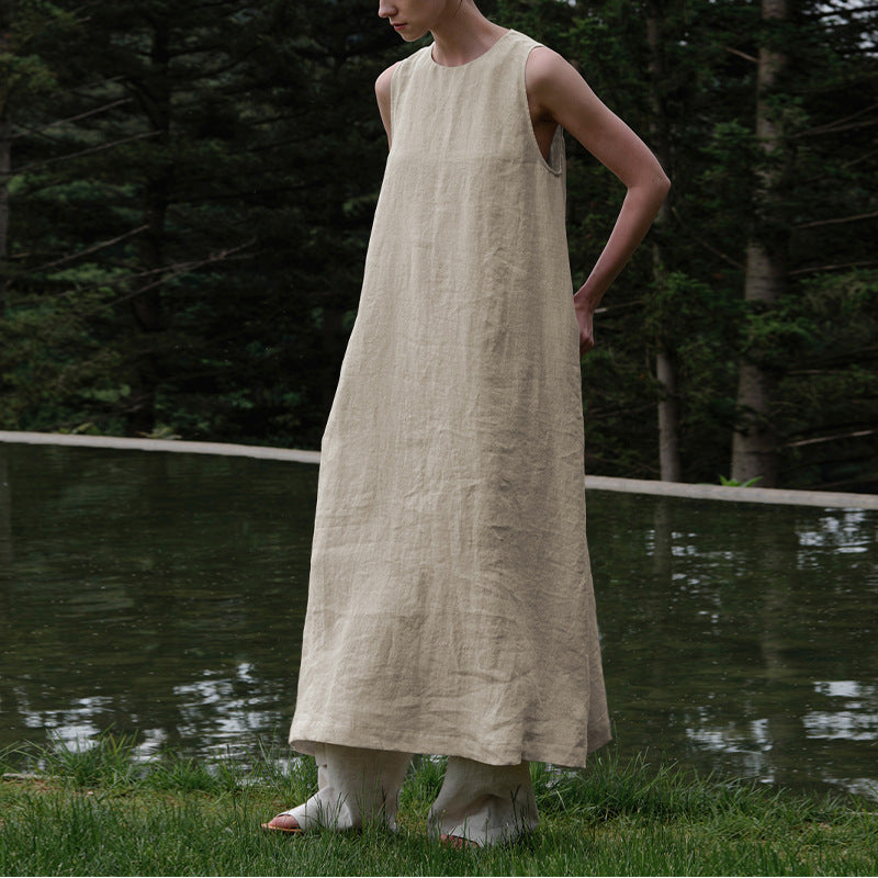 Cotton Linen Maxi Dress Summer French Pastoral Sleeveless Backless Hollow Out Cutout Niche Loose Maxi Dress