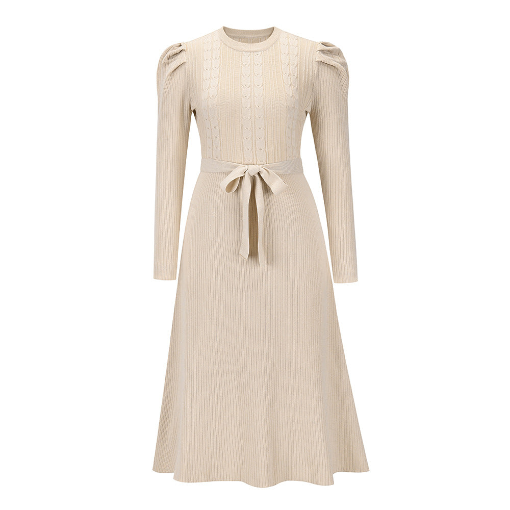 Autumn Winter Bubble Long Sleeve Knitted Dress Mid-length Slimming High Waist Big Swing Dress Base Sweater Dress