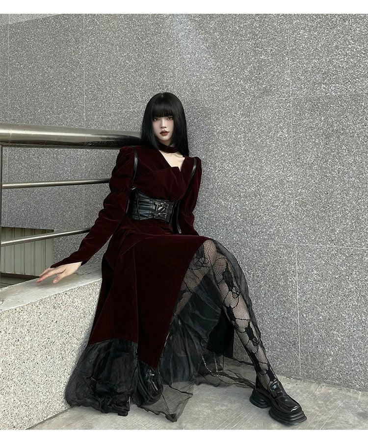Ladyghost Gothic Victorian Maxi Dress - Burgundy Velvet and Black Mesh Layered Gown With Corset Belt