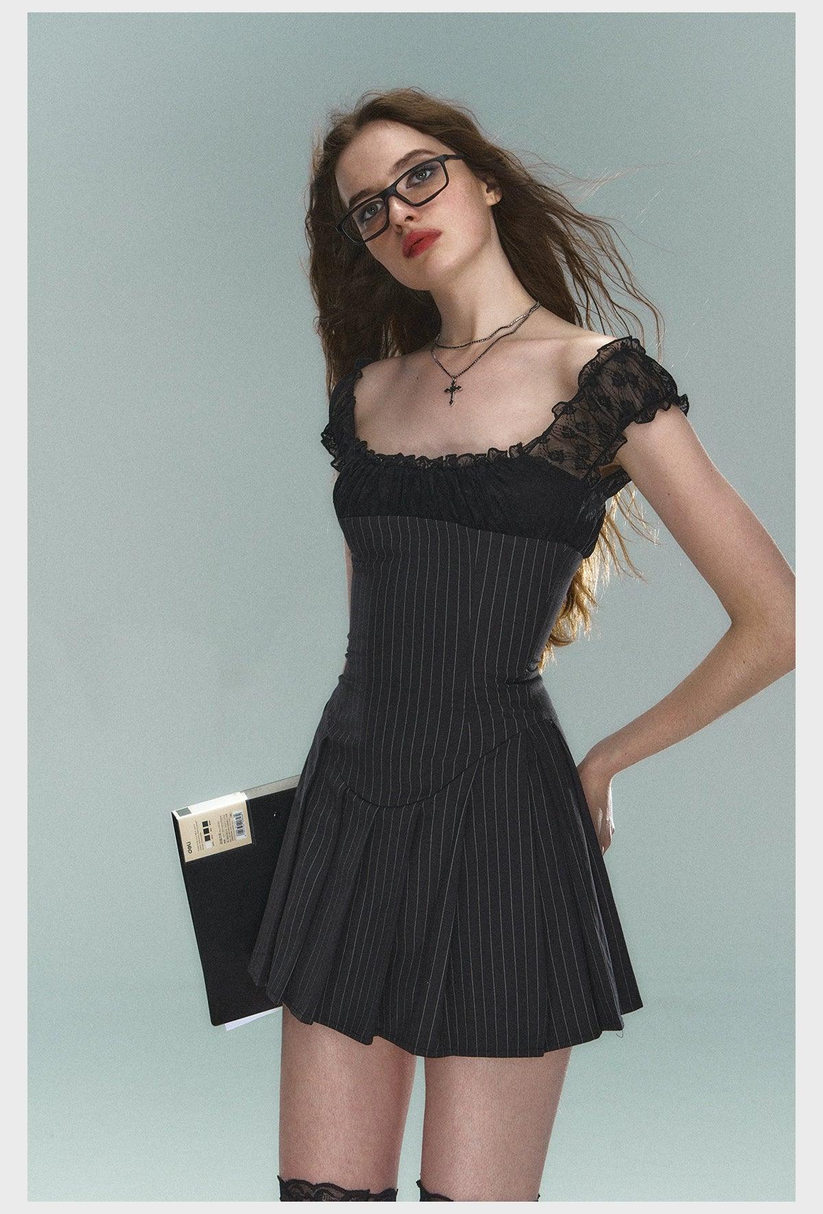 Pinstripe Lace-trim Mini Dress - Cap Sleeve Square Neck Fit and Flare Cocktail Dress