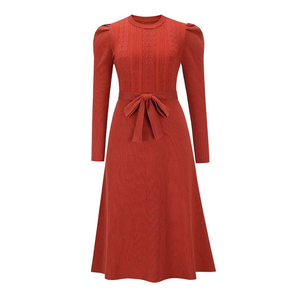 Autumn Winter Bubble Long Sleeve Knitted Dress Mid-length Slimming High Waist Big Swing Dress Base Sweater Dress