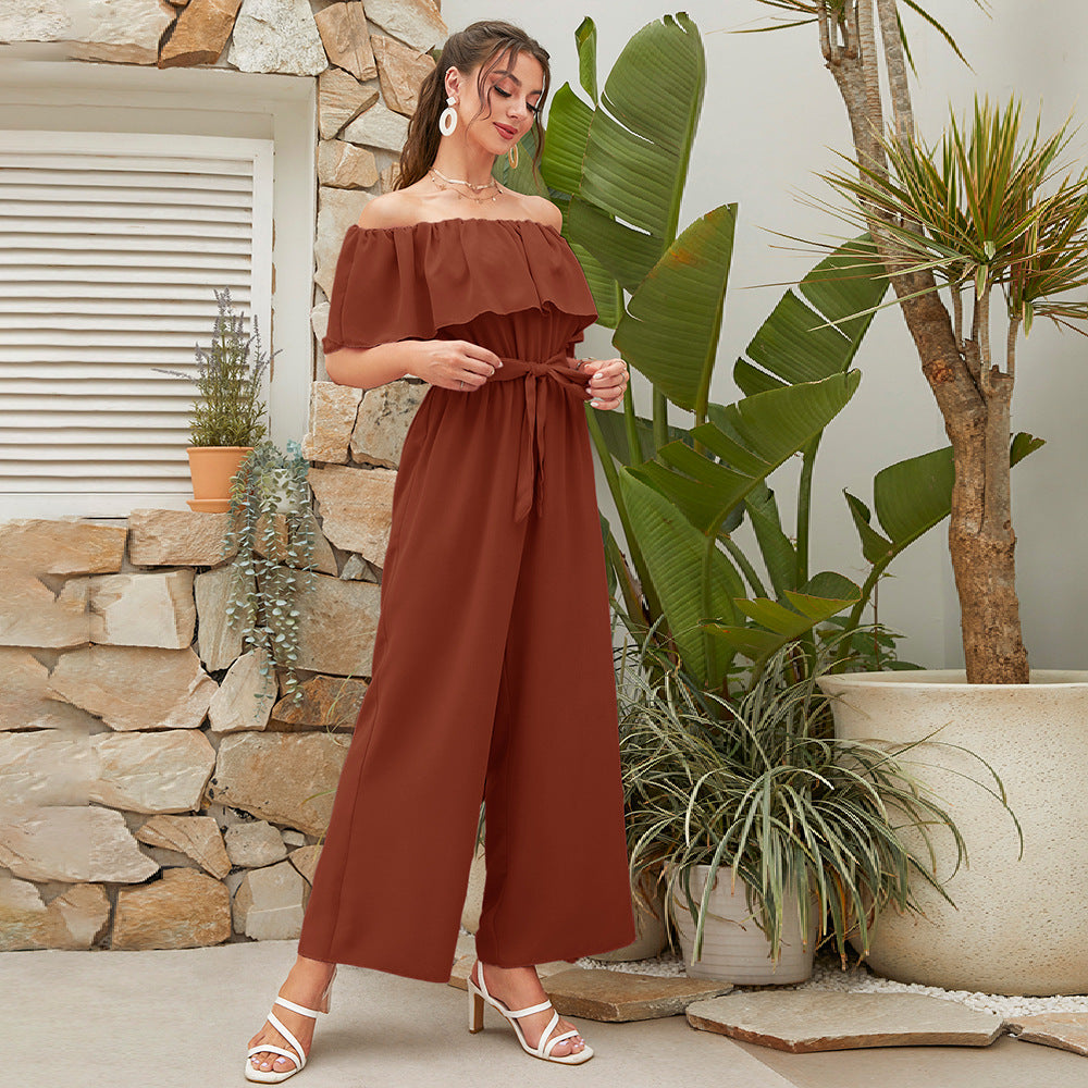 Clothing Summer Off Shoulder Ruffle Sleeve Lace Up Cropped Wide Leg Pants