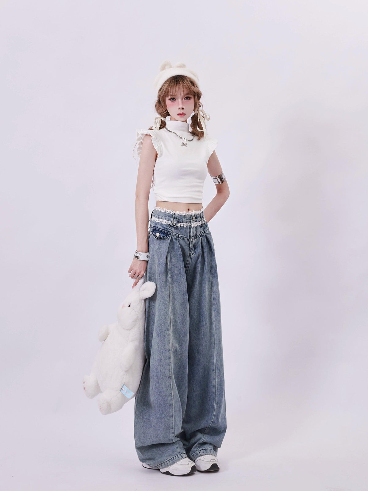 Rayohopp High-waisted Wide Leg Denim Jeans - Wash Pleated Palazzo Pants With Relaxed Fit