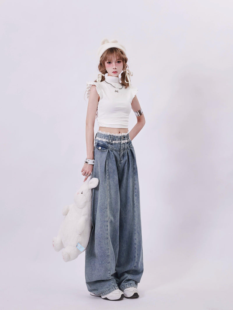 Rayohopp High-waisted Wide Leg Denim Jeans - Wash Pleated Palazzo Pants With Relaxed Fit